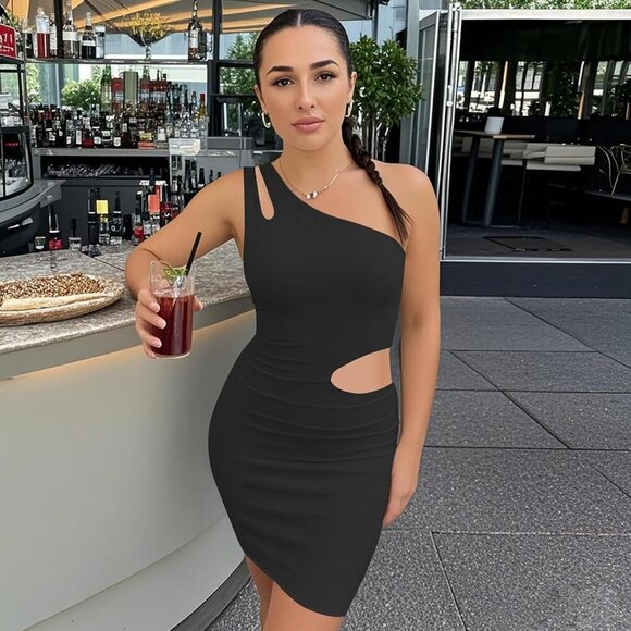 Women's One Shoulder Bodycon Dress Mini Asymmetrical Cut Out Club Wear - Picture 5 of 6